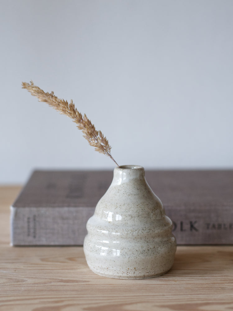 Handgemaakt klein vaasje, gemaakt van gespikkelde klei met licht golvende met een grashalm voor een boek gefotografeerd